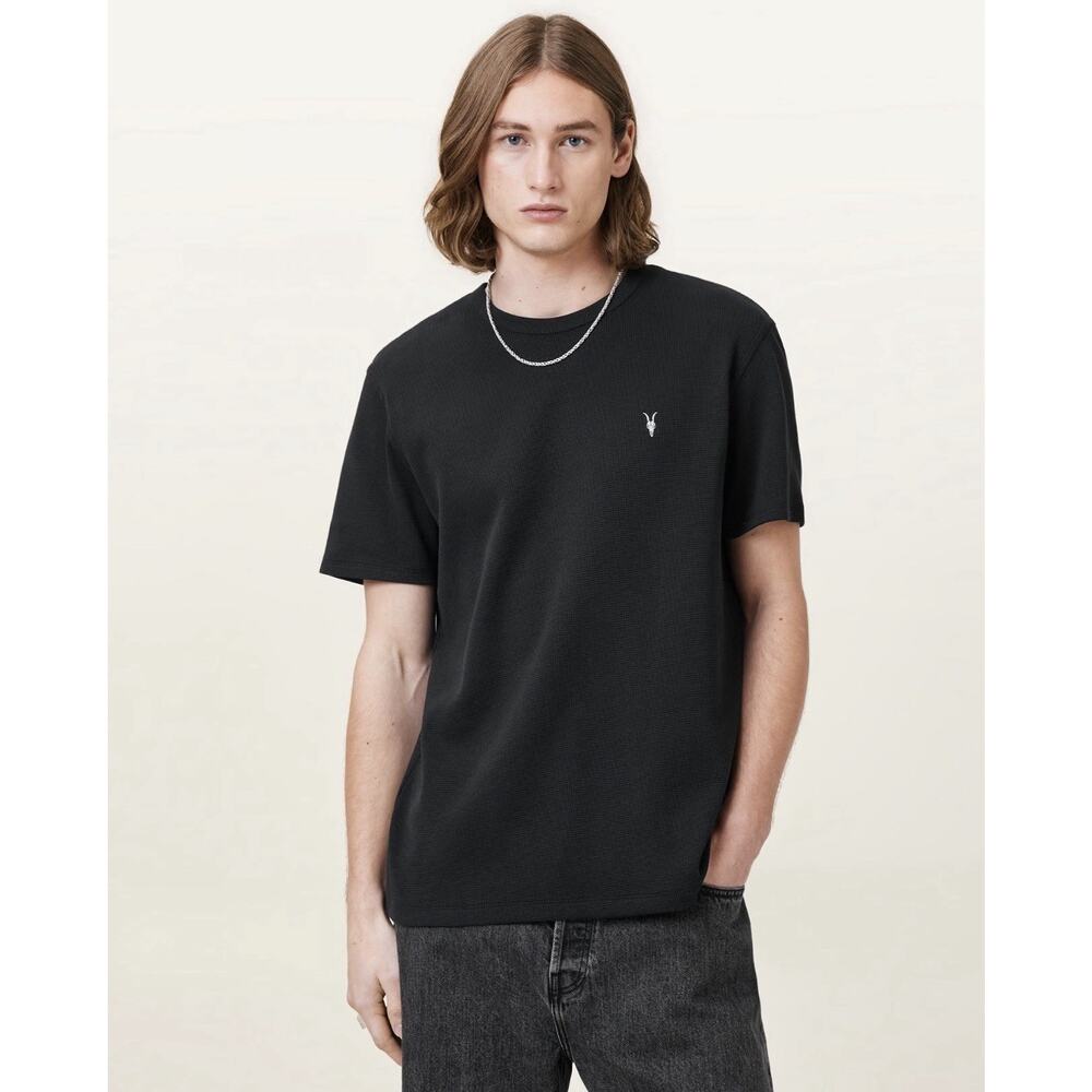 All Saints Waffle Texture Crew Neck Olive Ramskull Men's Shirt Sz XL Grunge Punk